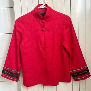 Women's Asian Ethnic Style Stand Collar Linen Red Long Sleeves Top Blouse